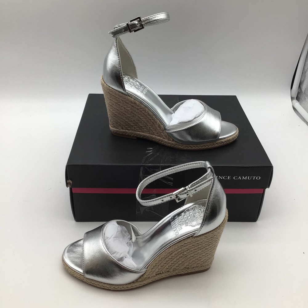 Vince Camuto Felyn Metallic Silver Espadrille Wedge Sandals Women Size 5.5M New